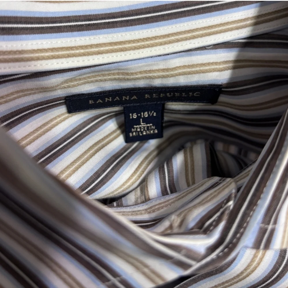 BANANA REPUBLIC Tan & Blue Striped Oxford Cotton Button Front Dress Shirt